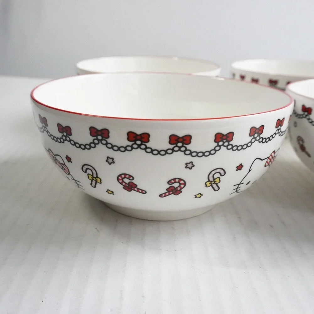 Hello Kitty Christmas Ceramic Bowl Set 4pc 27oz Peppermint Candy Cane Red White‎